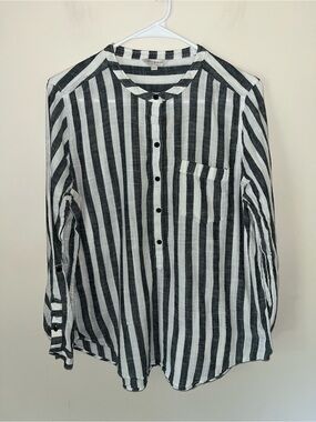 Lucky Brand Striped Long Sleeve Roll Tab Button Up Shirt Gray White Size L EUC